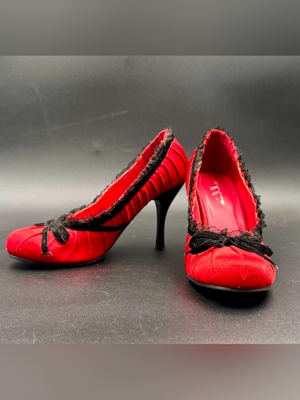 Ellie Red Satin Pumps with Black Trim and Bow